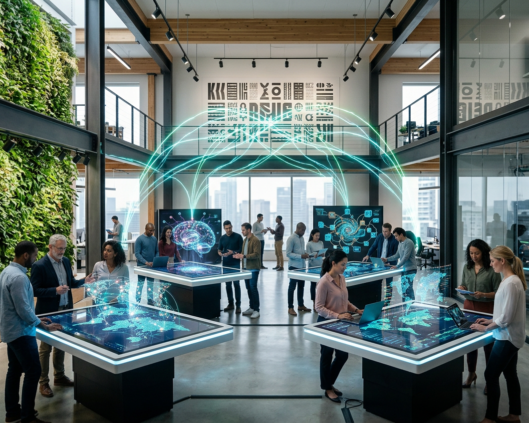 A distributed team working around lit holographic tables — the XR Agency collective at work