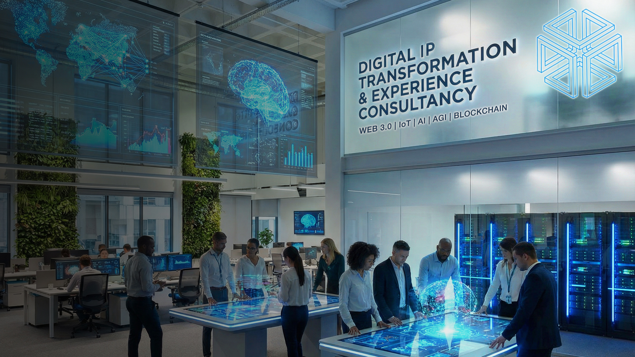 A digital IP transformation and experience consultancy floor — teams working at lit data tables