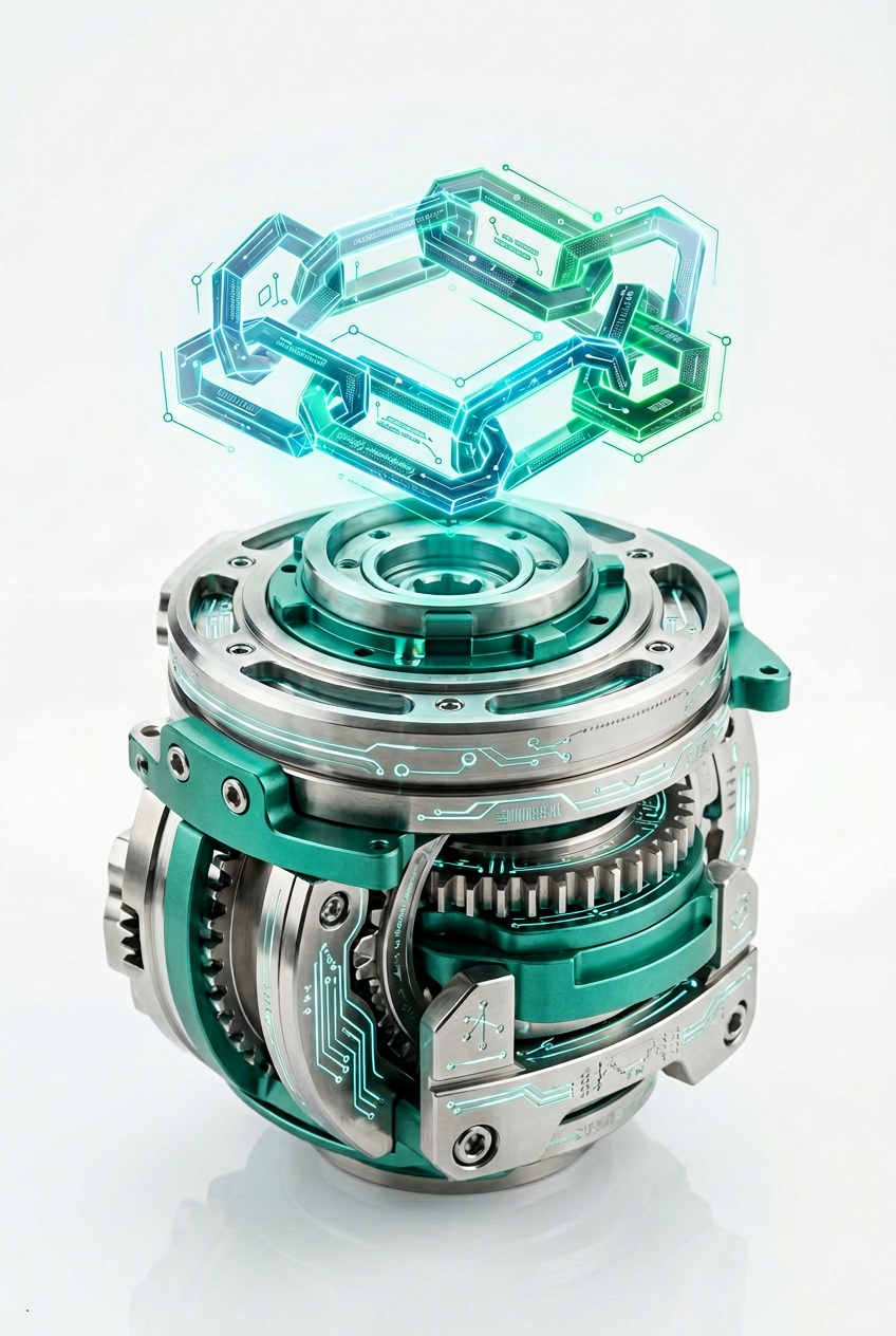 Interlocking chain links above a machined core — rights registered and held