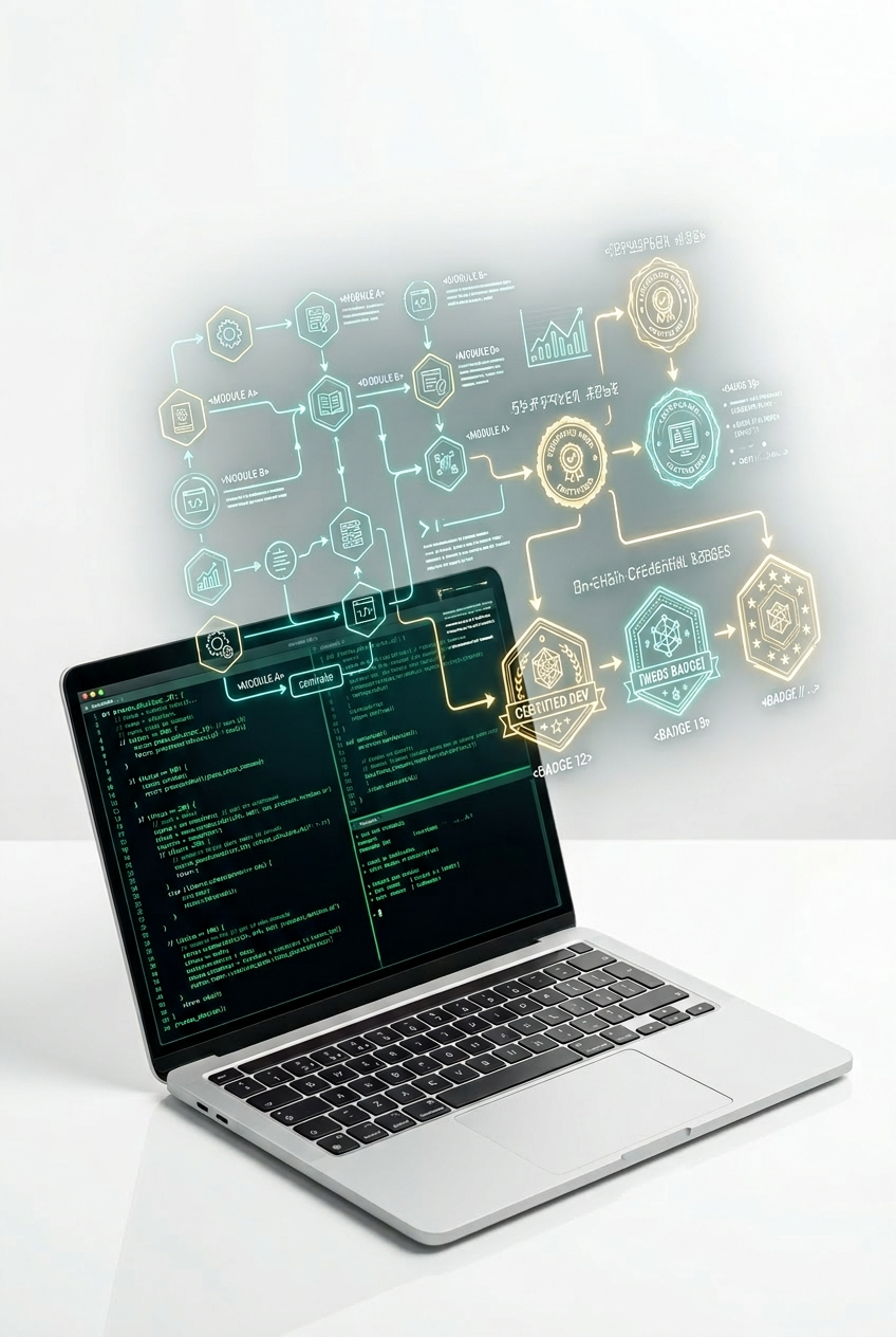A laptop running code beside a workflow diagram — builders working on a sponsored problem