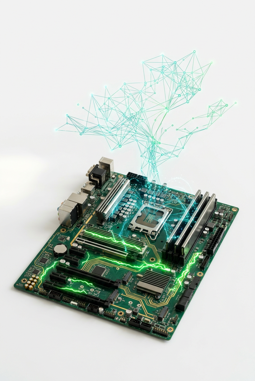 A circuit board with a branching structure of light growing out of it — innovation built on the systems already in place