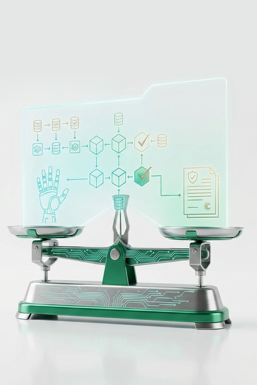 A balance scale weighing a governance framework — institutional decisions made on evidence