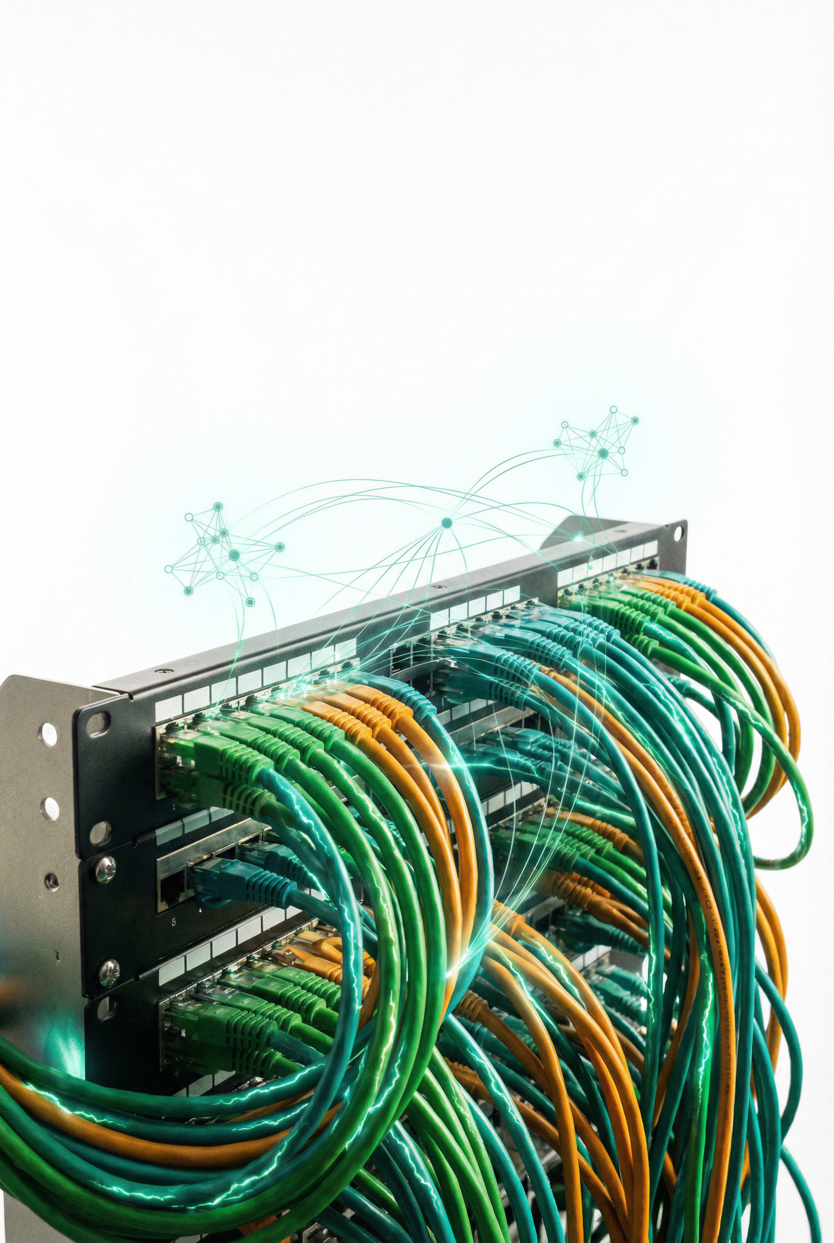 A patch panel of bundled network cables — a protocol wired into real infrastructure