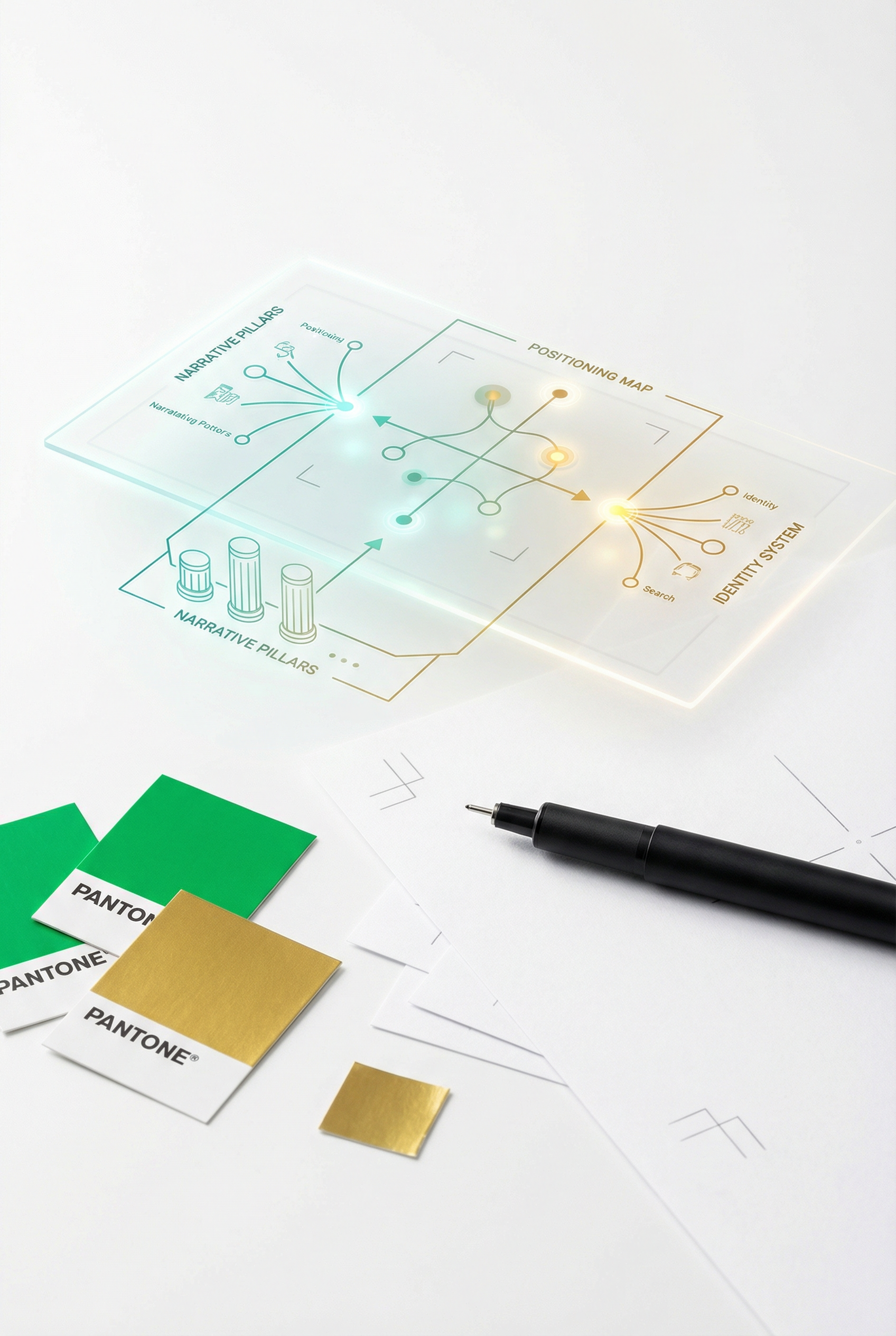 A design specification sheet with colour chips and a pen — the written output an SME engagement ends with