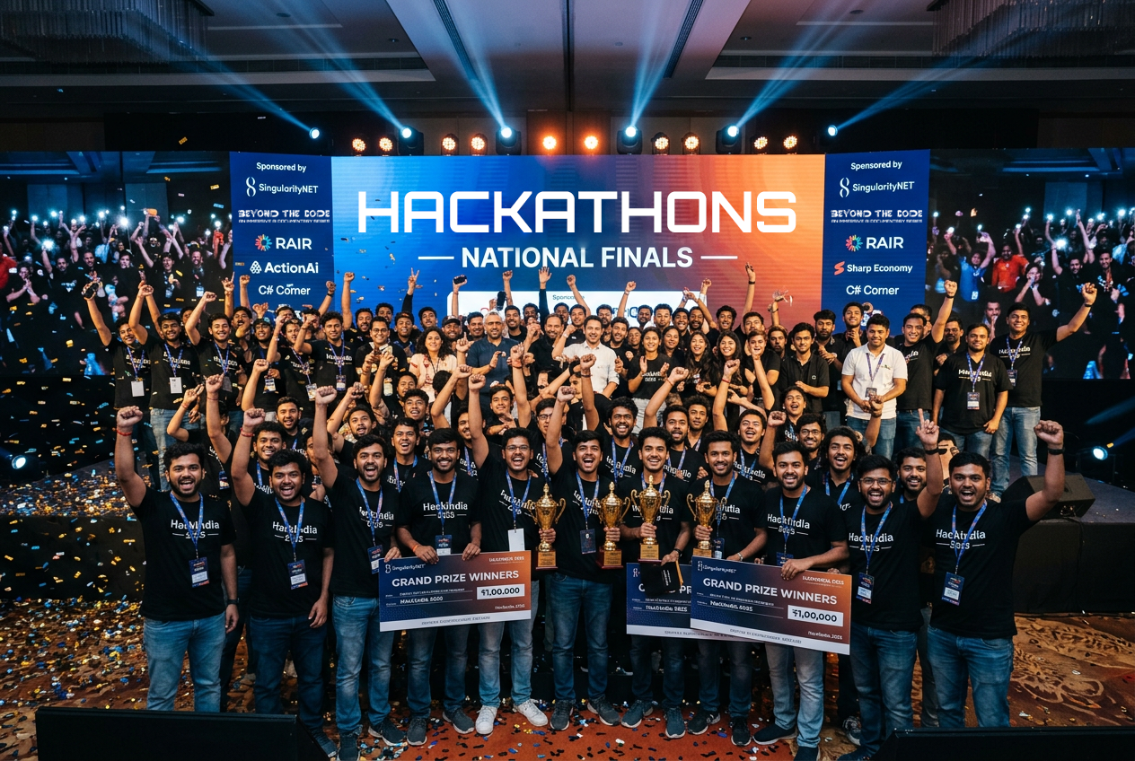 HackIndia National Finals — the winning teams on stage with their prize cheques