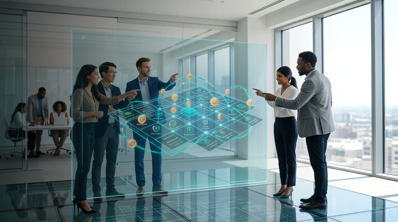 Institutional teams reading a shared holographic model in a boardroom