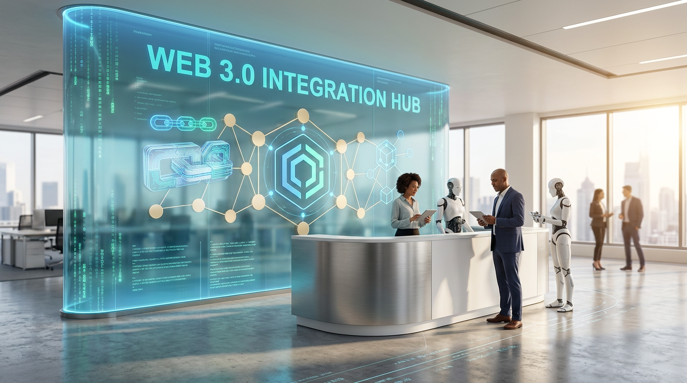 A Web 3.0 integration hub reception, staff greeting visitors at a lit desk
